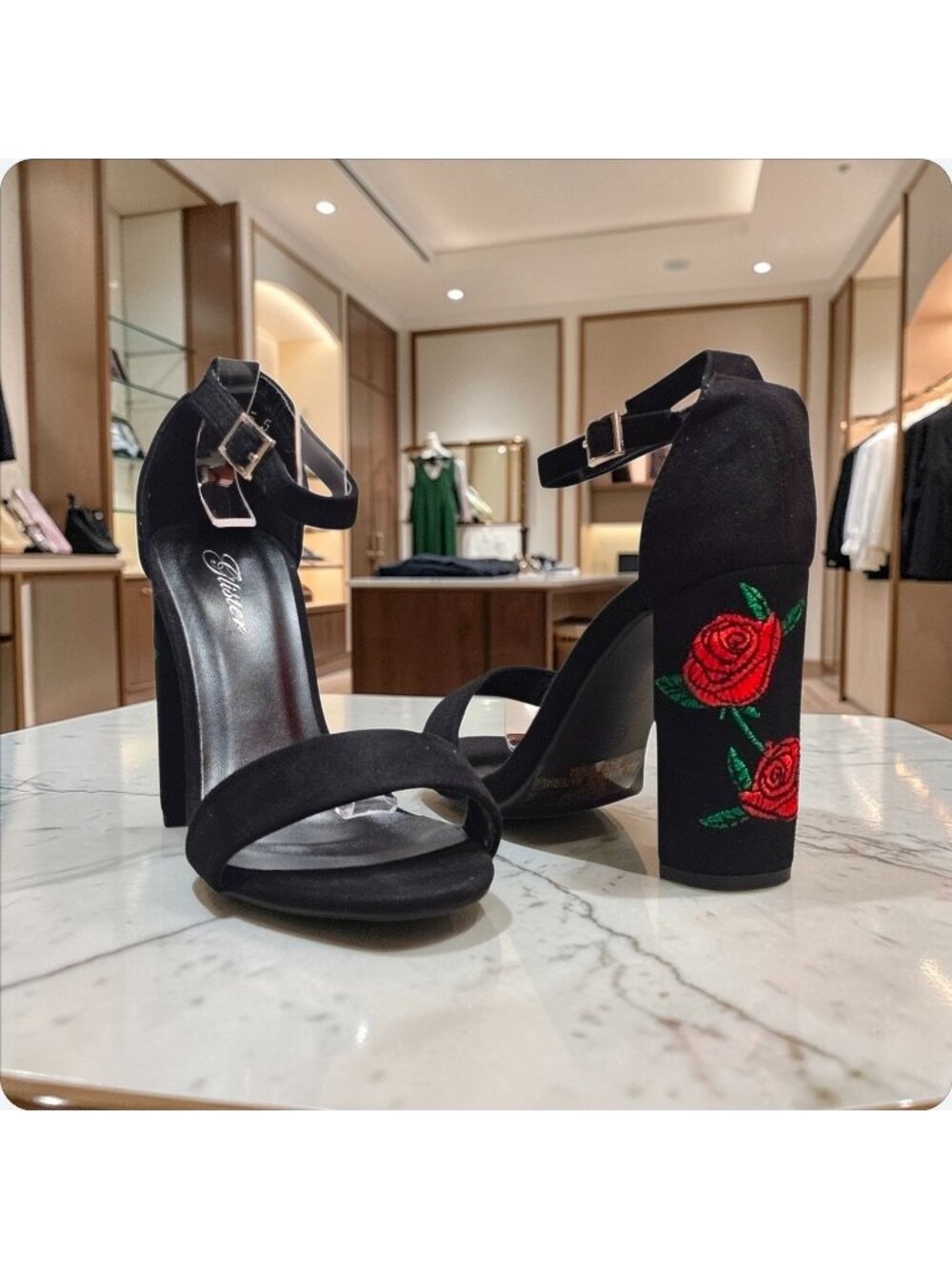 Black Faux Suede Block Heel Sandals With Rose Embroidery & Ankle Strap - Picture 3 of 13